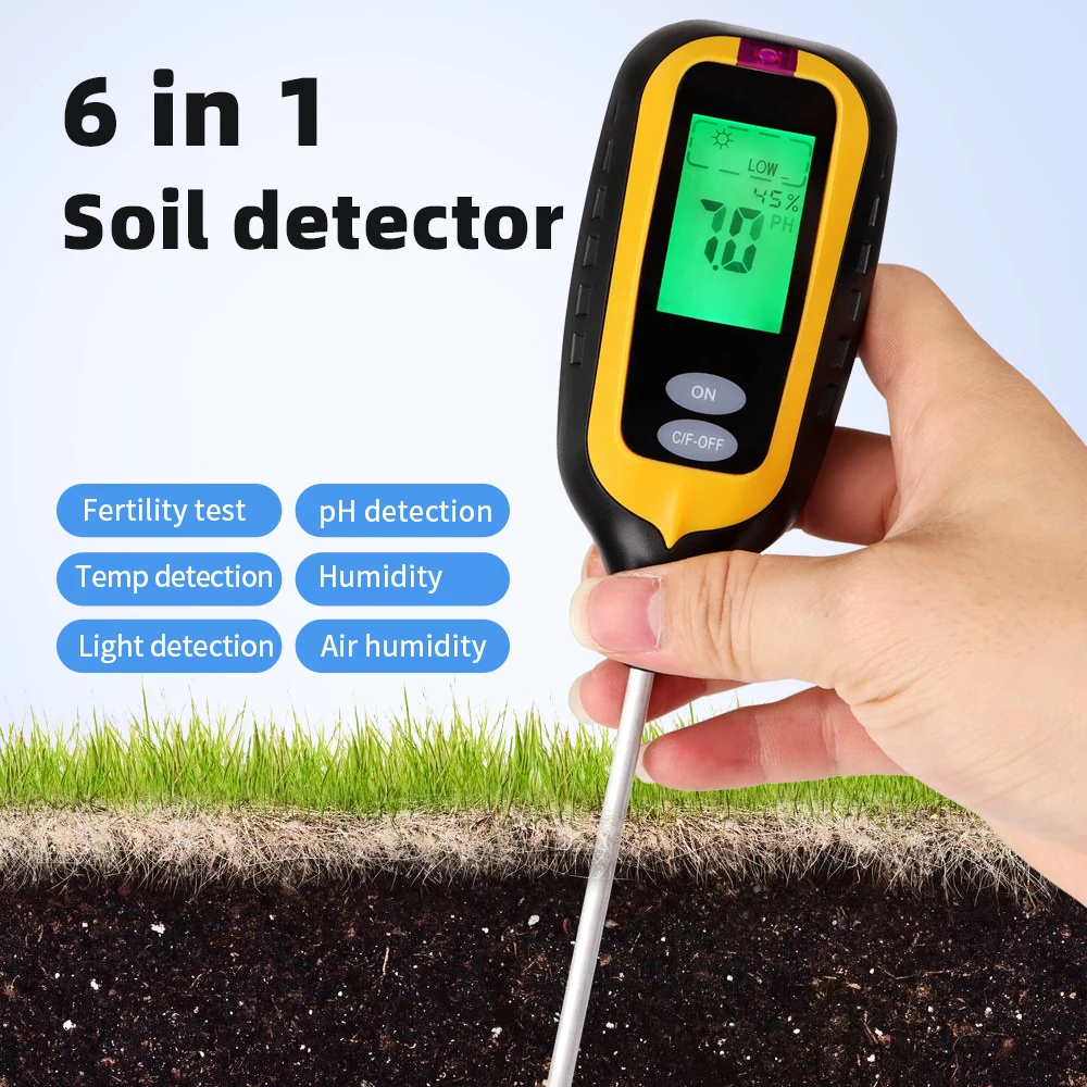 6in1 Bodenfeuchtigkeitssensor Bodenfruchtbarkeit/pH/Temperatur ℃ ℉ /Beleuchtung/Feuchtigkeitserkennung