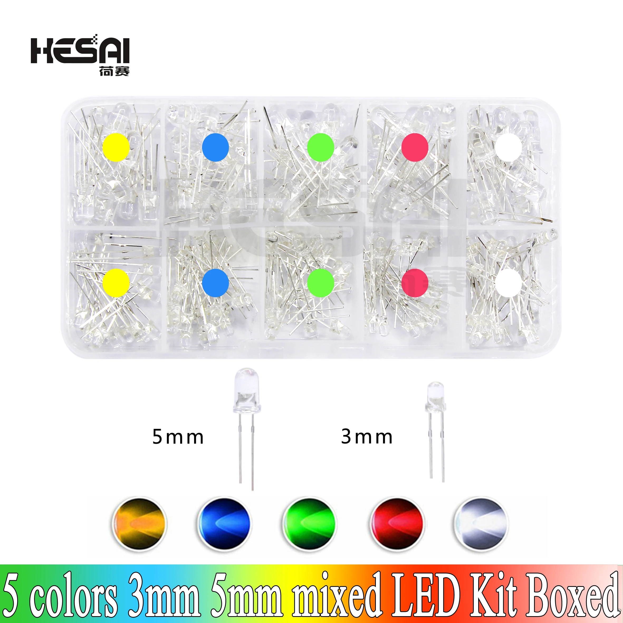 3mm 5mm LED-Dioden-Sortiment-Kit Weiß Grün Rot Blau Gelb Orange F3 F5 – Bild 3