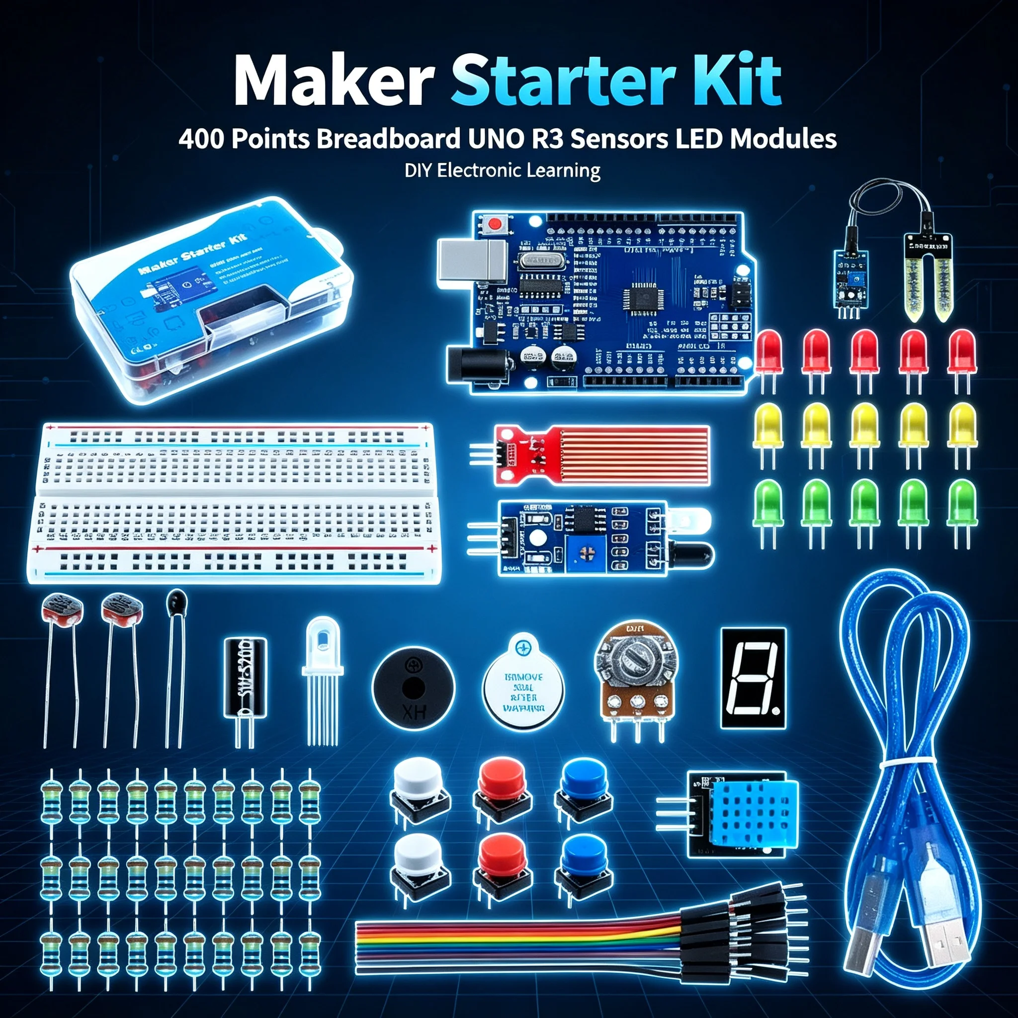 Maker-Starter-Kit mit verbessertem UNO R3 Board, 400-Punkte-Steckplatine, LED-Leuchten & Sensoren, Komplettes