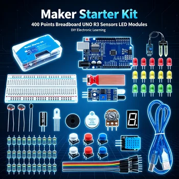 Maker-Starter-Kit mit verbessertem UNO R3 Board, 400-Punkte-Steckplatine, LED-Leuchten & Sensoren, Komplettes