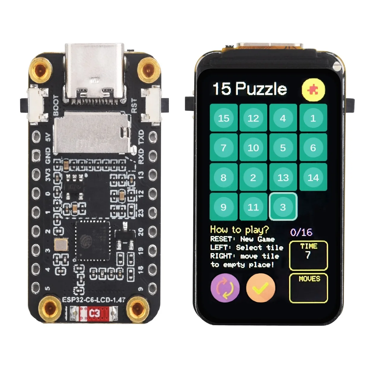 ESP32-C6 Entwicklungsboard mit 1,47-Zoll LCD-Display, Integriertem RGB, MicroSD-Kartensteckplatz, WiFi 6