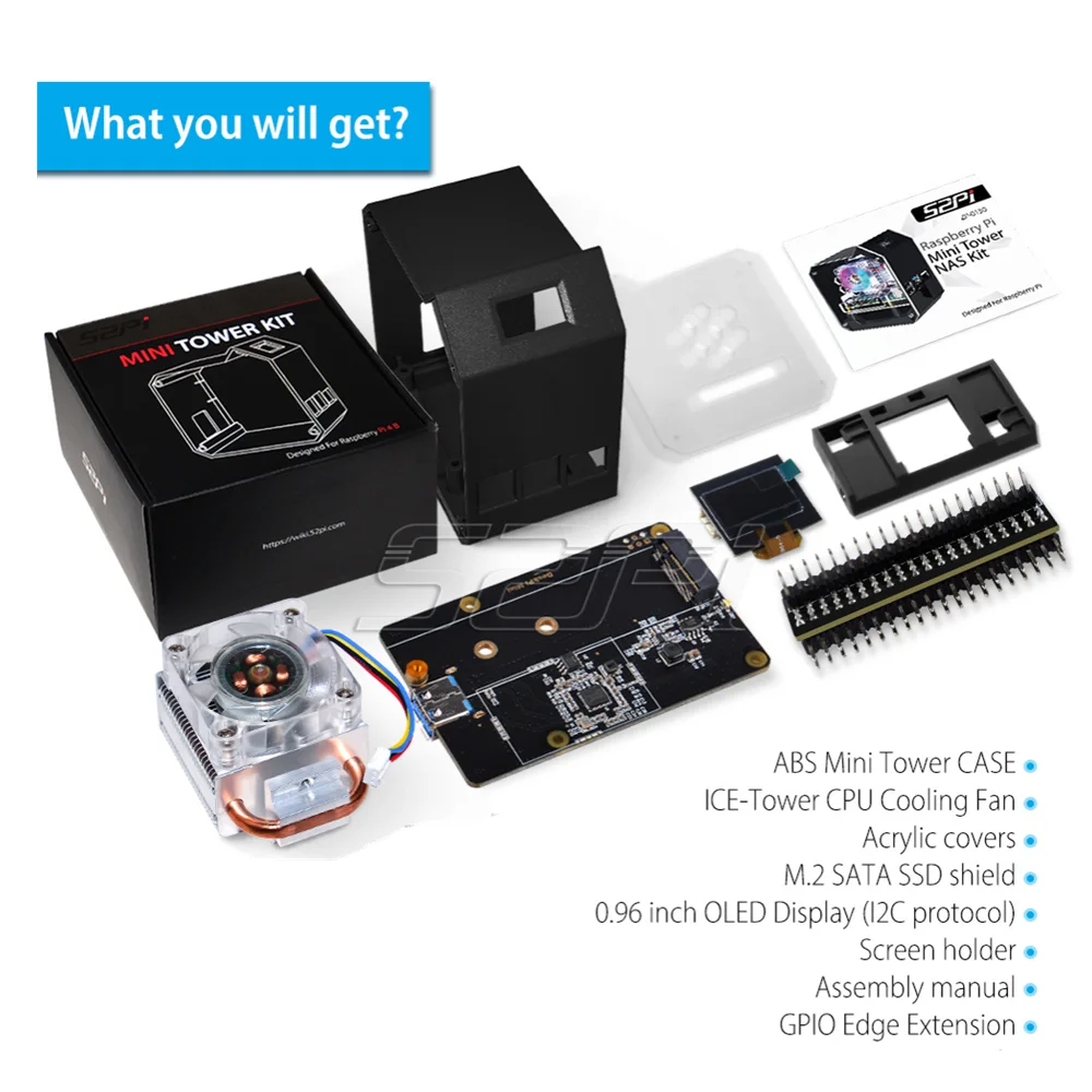 52pi Raspberry Pi 4 Modell b abs Mini Tower Nas Kit mit Eisturm 0,96 Bildschirm Display Netzteil