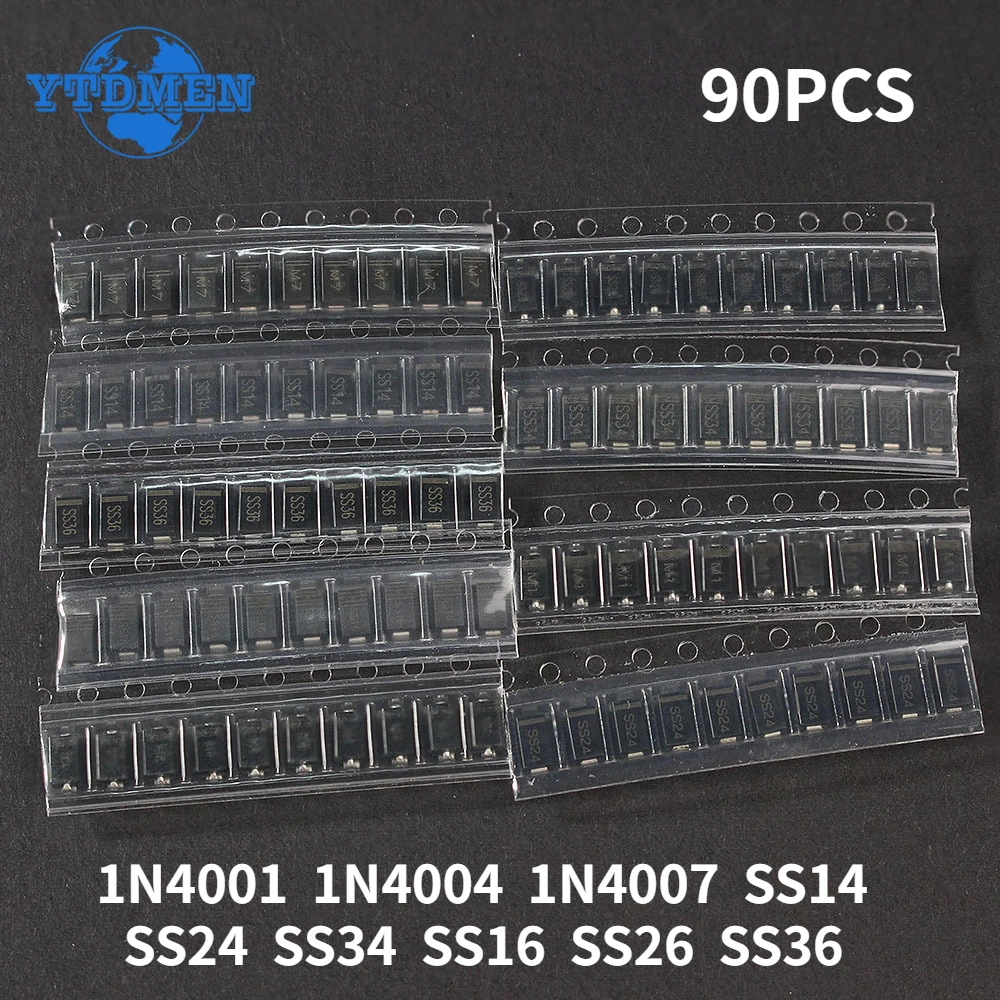 Gleichrichterdiode 1N4007 1N4001 1N4004 SS14 SS24 SS34 SS16 SS26 SS36 SMD Schottky Diode Sortiment (90 Stück)
