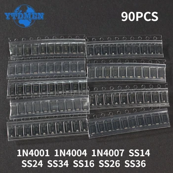Gleichrichterdiode 1N4007 1N4001 1N4004 SS14 SS24 SS34 SS16 SS26 SS36 SMD Schottky Diode Sortiment (90 Stück)