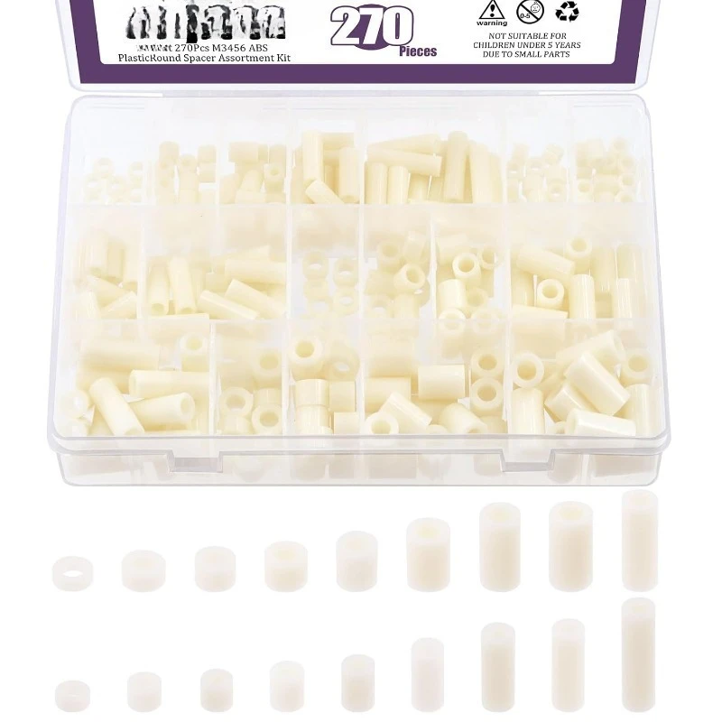 18 Größen Schwarz/Weiß Nylon Runde Abstandshalter Abstandsschraube Mutter Sortiment Kit für M3 M4 (270 Stück)