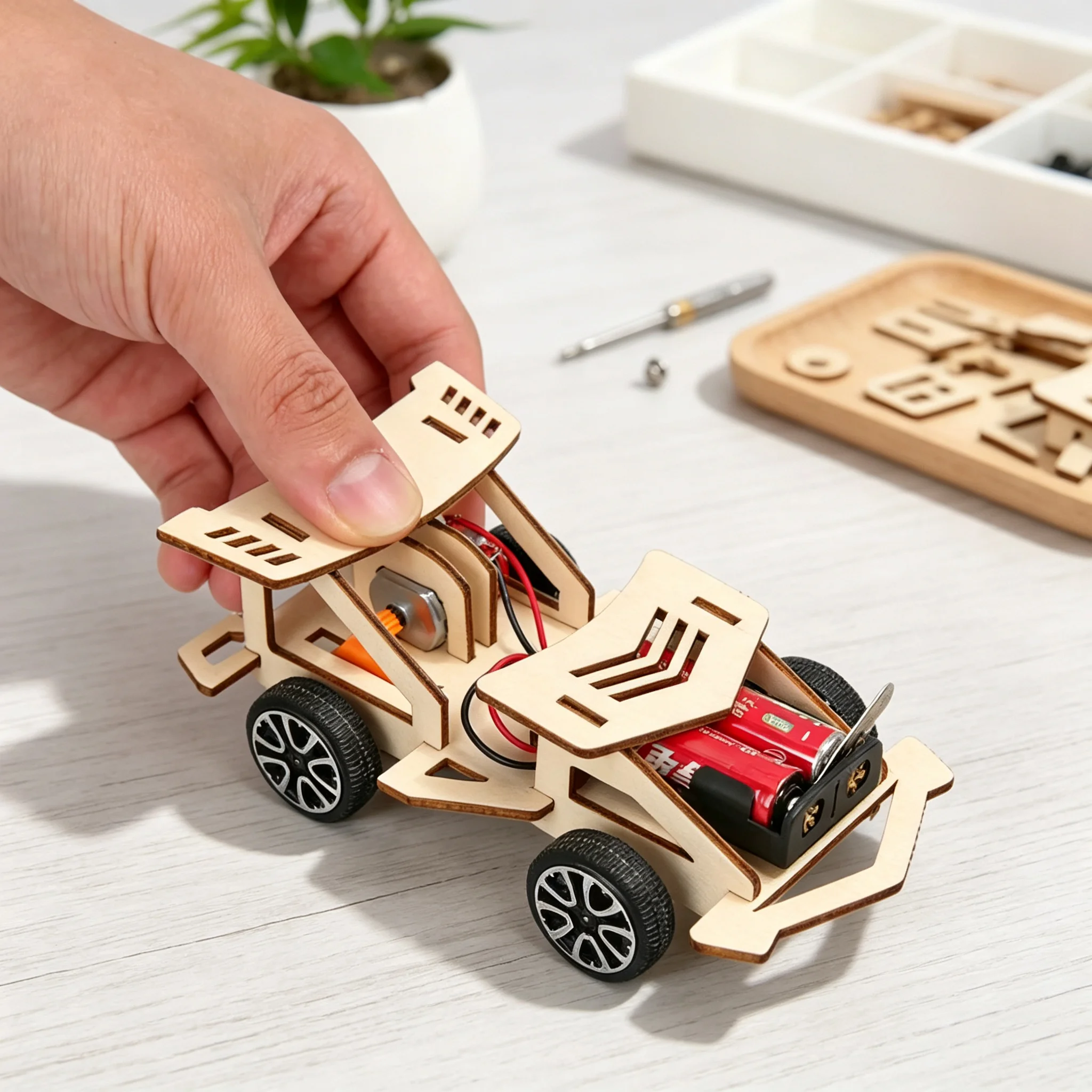 DIY Elektrisches Holz-Rennauto, Puzzle zum Zusammenbauen, Wissenschaftliches Experimentierspielzeug, Spaßiges