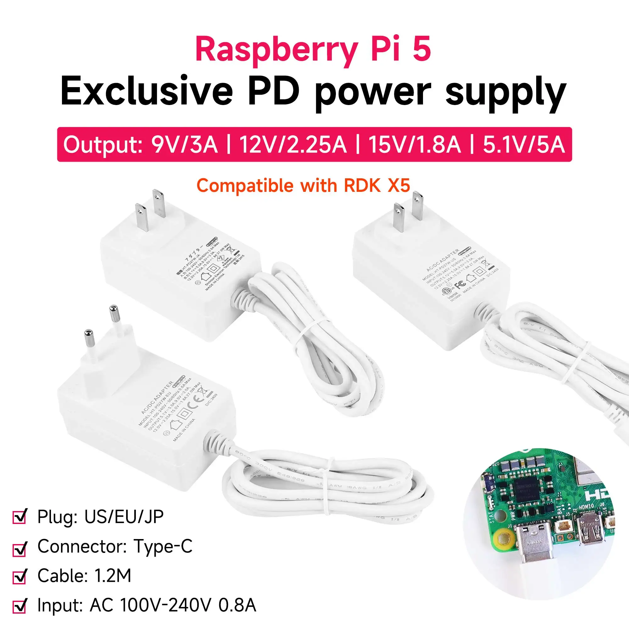 Raspberry Pi Netzteil PD 27W USB-C Stromadapter 5,1V 5A EU US JP Ladegerät für Raspberry Pi 5