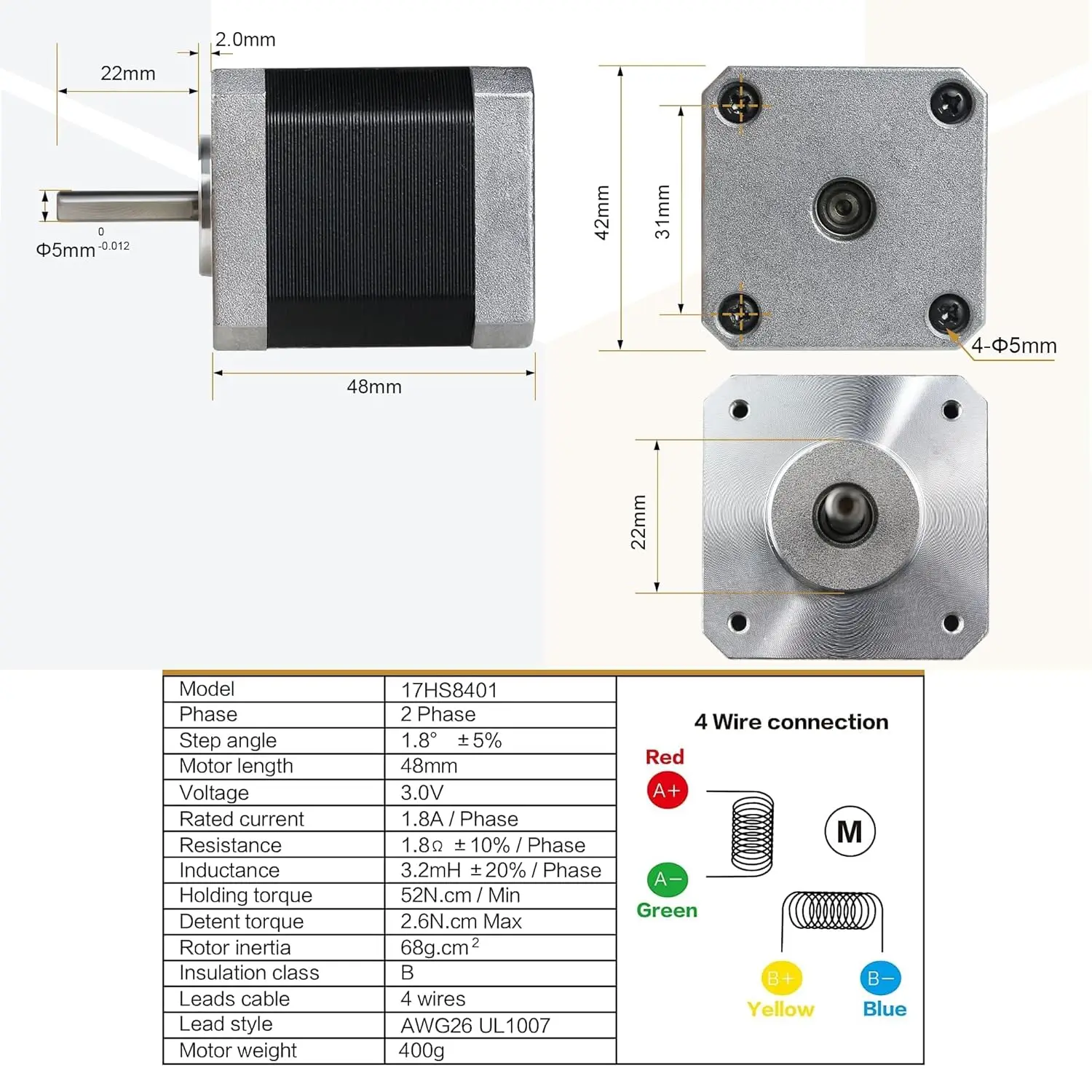 17HS8401 Nema17 Schrittmotor 2-Phasen-Hybrid 1,8 A 48 mm 78 oz-in 52 – Bild 2
