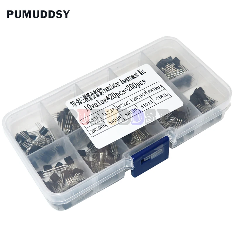 Transistor-Sortiment-Kit 10 Werte 200 Stück BC337 BC327 2N2222 2N2907 2N3904 2N3906 S8050 S8550 A1015 C1815