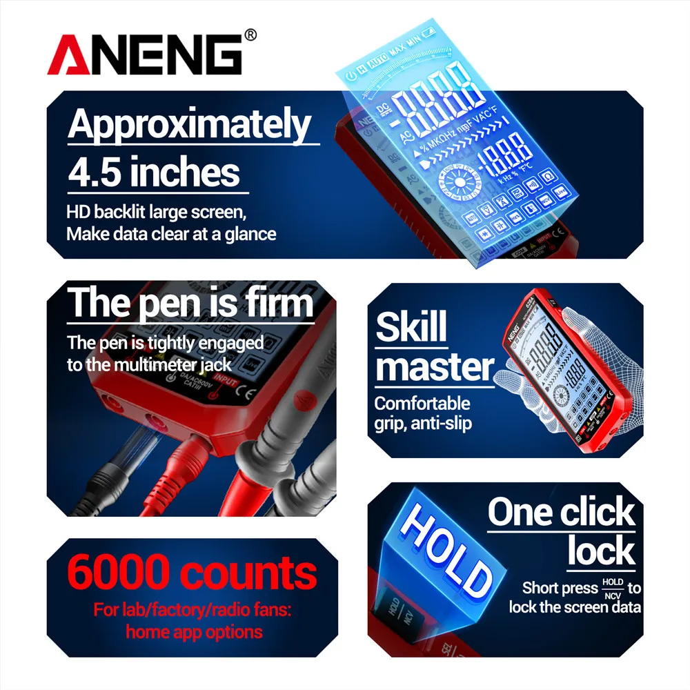 Digitales Multimeter ANENG 628A, hochauflösender Bildschirm – Bild 2