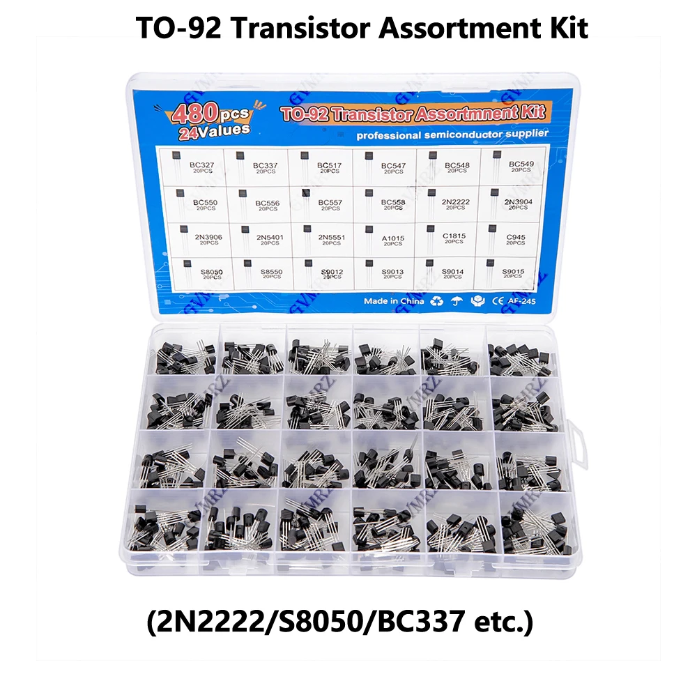 TO-92-Transistor-Sortiment-Set mit 24 Werten (2N2222/S8050/BC337 usw.) Im Karton für Arduino DIY (480 Stück)