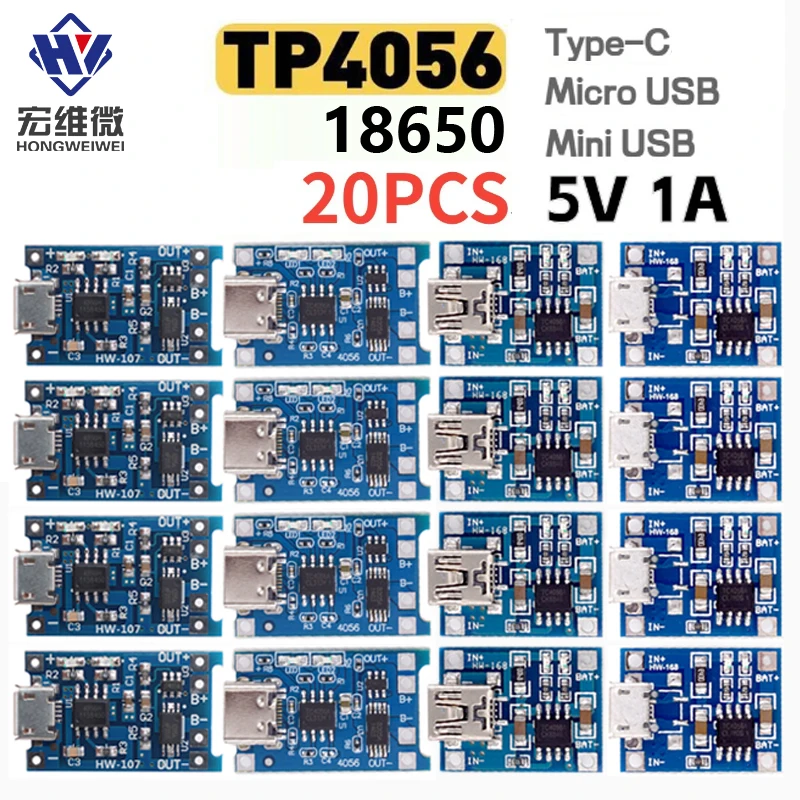 TP4056 1A 5V Lithium-Batterie-Ladeplatinenmodul Mini USB Micro USB Typ-C-Schnittstelle 18650 (20 Stück)