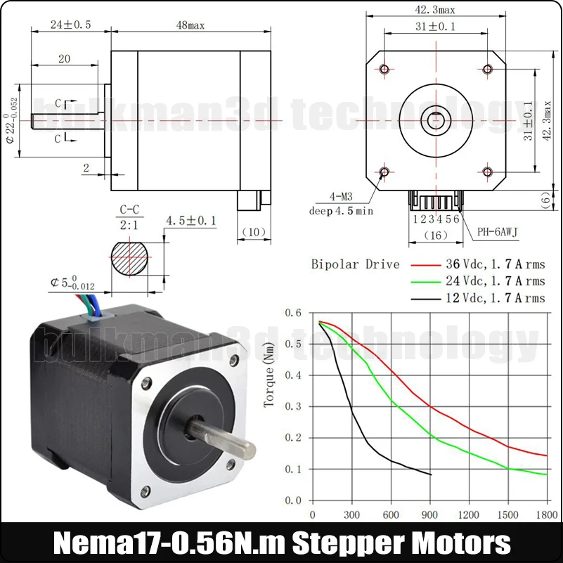 Nema17 Schrittmotor 48mm Bipolar 2A 59Ncm 84oz mit 4 Anschlüssen 17HS19 2004S1 Hochdrehmoment für CNC-Laser