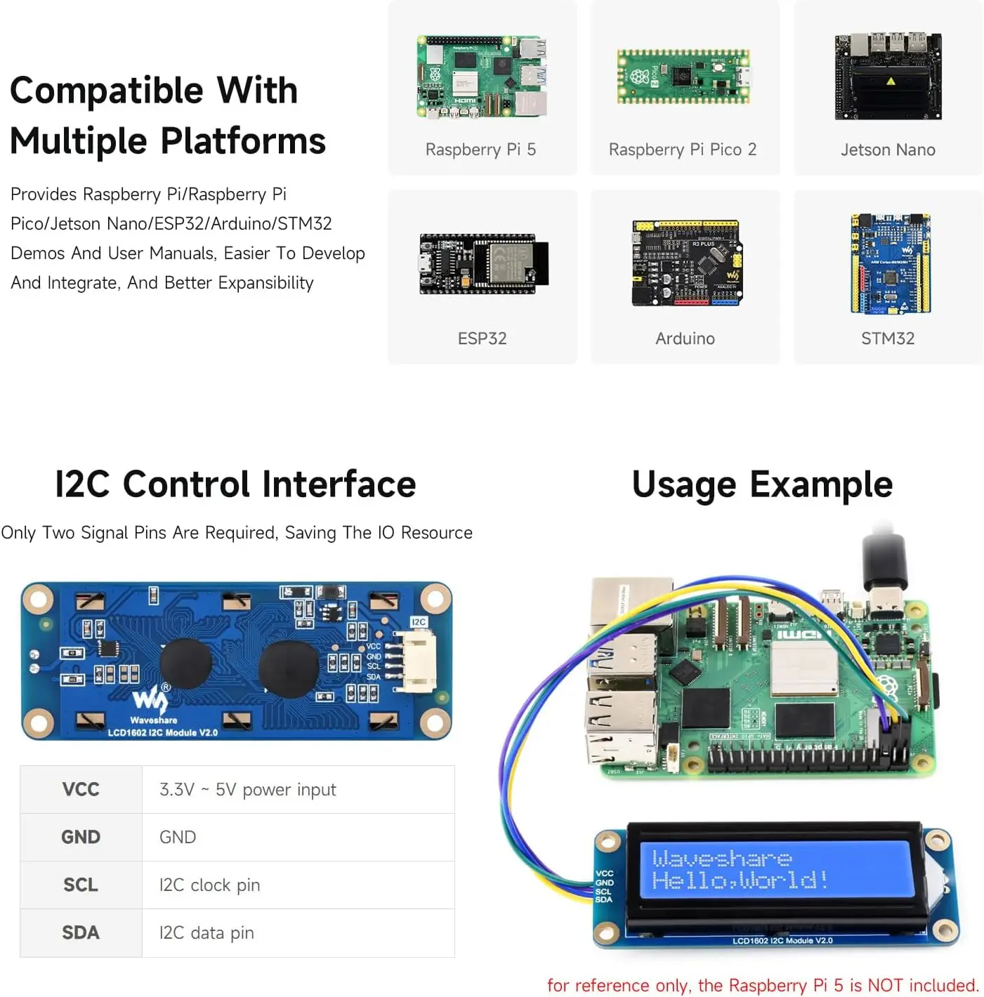 Waveshare LCD1602 I2C LCD-Modul 16 x 2 Zeichen 3,3 V/5 V – Bild 4
