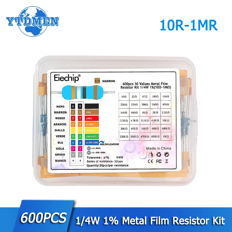 1/4W Metallschichtwiderstandssatz Widerstand 1% 30 Werte 10 Ohm ~ 1M 0,25w Widerstände Set