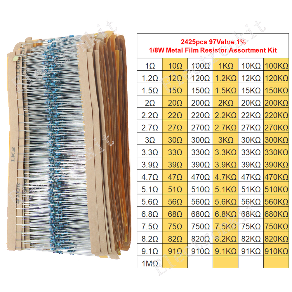 97 Werte 1 % 1R ~ 1M 1/8 W 0,125 W Metallschichtwiderstand-Sortimentsset (2425 Stück)