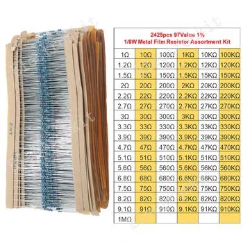 97 Werte 1 % 1R ~ 1M 1/8 W 0,125 W Metallschichtwiderstand-Sortimentsset (2425 Stück)