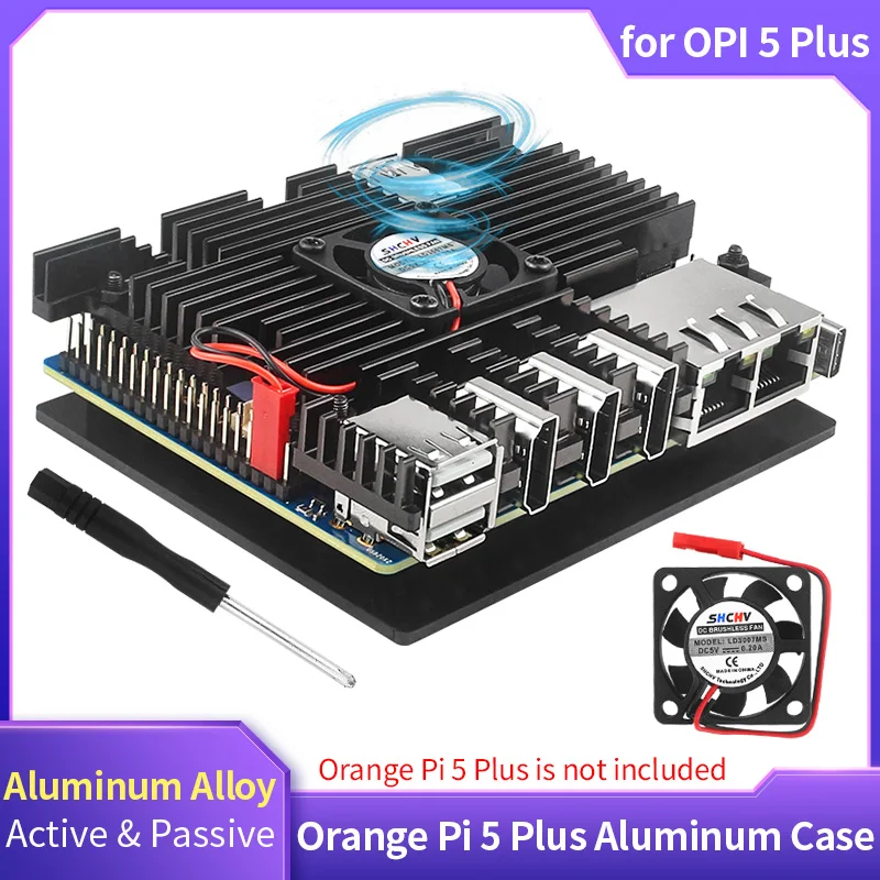 Orange Pi 5 Plus Aluminiumgehäuse, aktives passives Metall-Kühlgehäuse mit Lüfter, Kühlkörper, Metallgehäuse