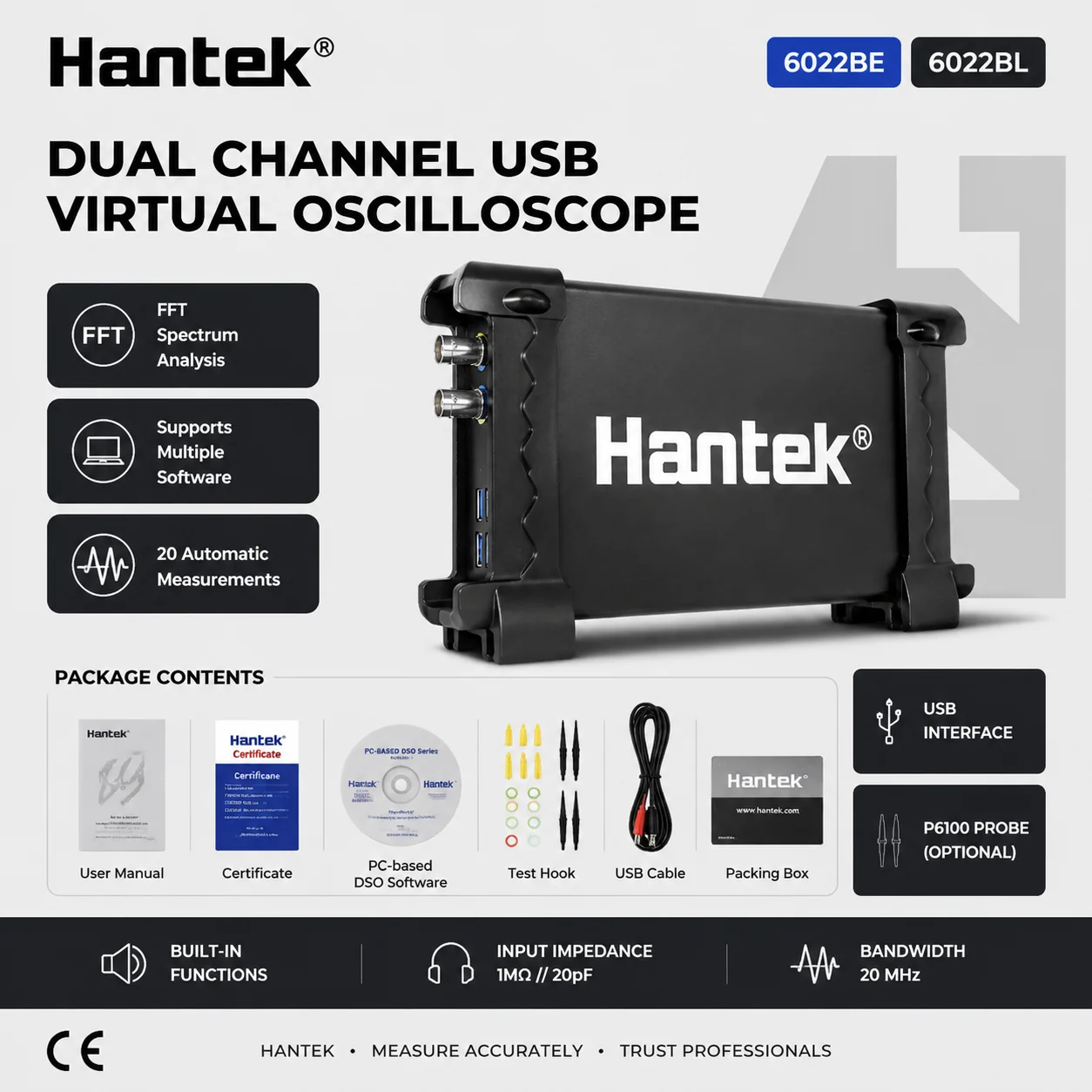 Hantek Tragbares PC-USB-Digital-Oszilloskop 2-Kanal 6022BE 20MHz 48MSa/s 6022BL + 16-Kanal Logikanalysator