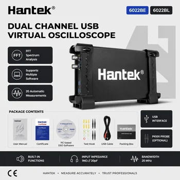 Hantek Tragbares PC-USB-Digital-Oszilloskop 2-Kanal 6022BE 20MHz 48MSa/s 6022BL + 16-Kanal Logikanalysator