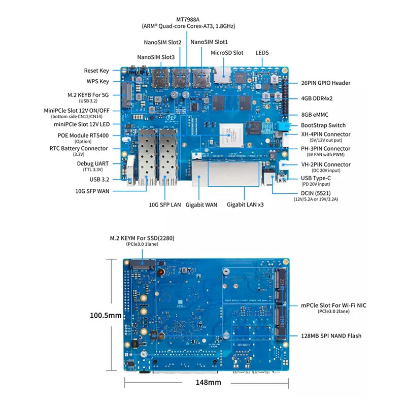 Banana Pi BPI-R4 MT7988A 4GB DDR4 8G EMMC 128MB SPI NAND Flash Smart – Bild 3