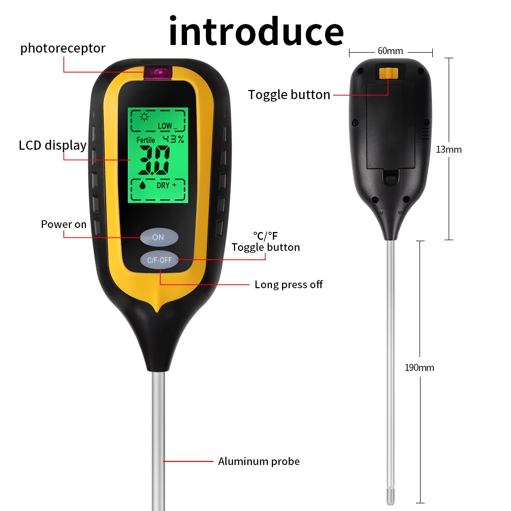 6in1 Bodenfeuchtigkeitssensor Bodenfruchtbarkeit/pH/Temperatur ℃ ℉ – Bild 6