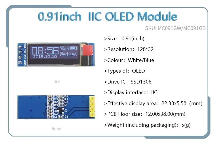 OLED 0,91 Zoll/0,96 Zoll/1,3 Zoll OLED-Displaymodul IIC I2C SPI 128X64 I2C SSD1306 12864 LCD Weißes