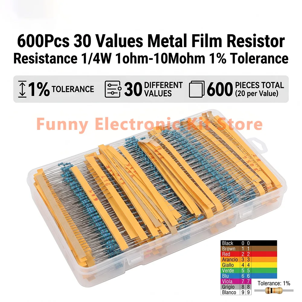 Sortiertes Metallfilm-Widerstandsset, 30 Werte, 1/4 W Widerstand, 1 Ohm-10 Mohm, 1 % Toleranz (600 Stück)
