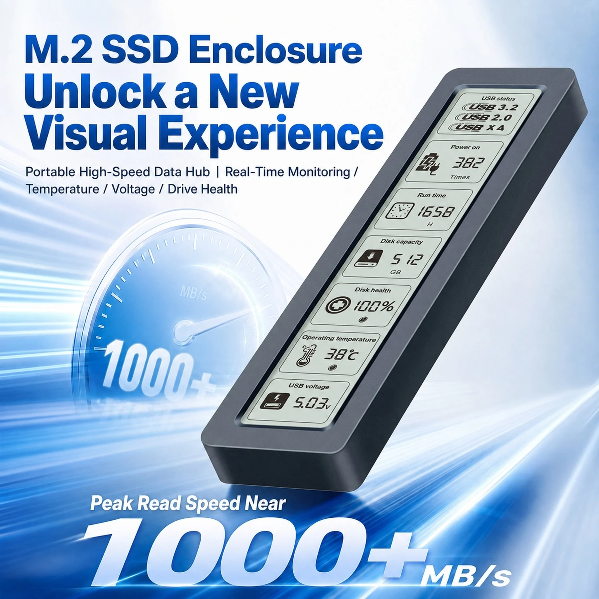 M.2 NVMe SATA SSD-Gehäuse Visuelles Smart SSD-Gehäuse USB 3.2 Gen 2 10 Gbit/s NVMe PCI-E 20 Gbit/s