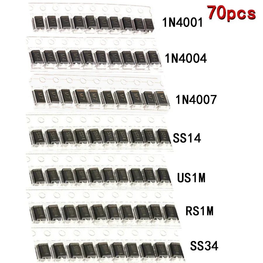 SMD Dioden 1N4001 M1 1N4004 M4 1N4007 M7 SS14 1N5819 SS34 SR340 US1M RS1M Schottky Diode 7 Werte * (70 Stück)