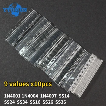 SMD-Dioden-Kit 1N4007 1N4001 1N4004 SS14 SS16 SS24 SS26 SS34 SS36 9 Werte X10 Stück (90 Stück)