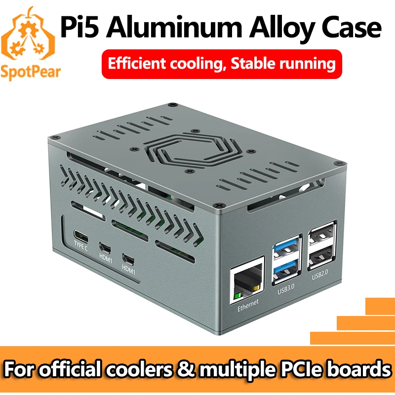 Raspberry Pi 5, Aluminium-Metallgehäuse mit Kühler, PWM-Lüfter und Kühlkörper aus reinem Kupfer, großer Raum