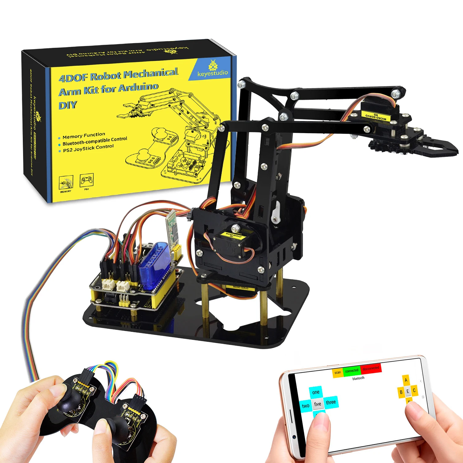 Keyestudio STEM 4DOF Roboterarm-Kit, mechanischer Arm, Klauen-Kit, PS2-Steuerung für Arduino, Roboterarm-Kit
