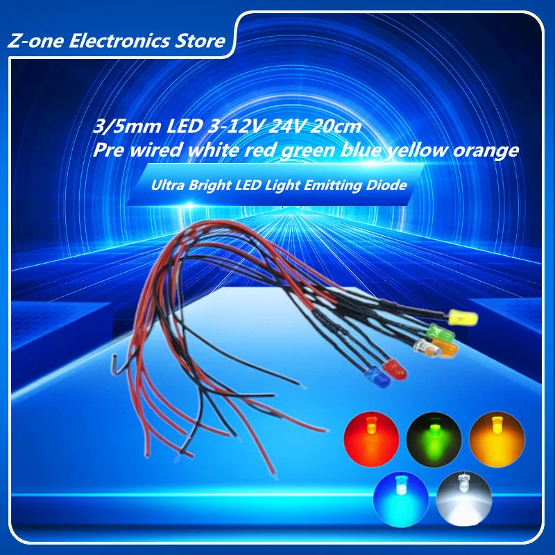 10/PCS 3mm 5mm LED 3-12V 20cm Vorverdrahtet Weiß Rot Grün Blau Gelb Orange Diode Lampe Dekoration Leuchtdioden