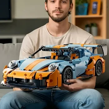 Blaue/orangefarbene Auto-Bausteine, DIY 3D-Puzzle-Bausatz, geeignet (600 Stück)