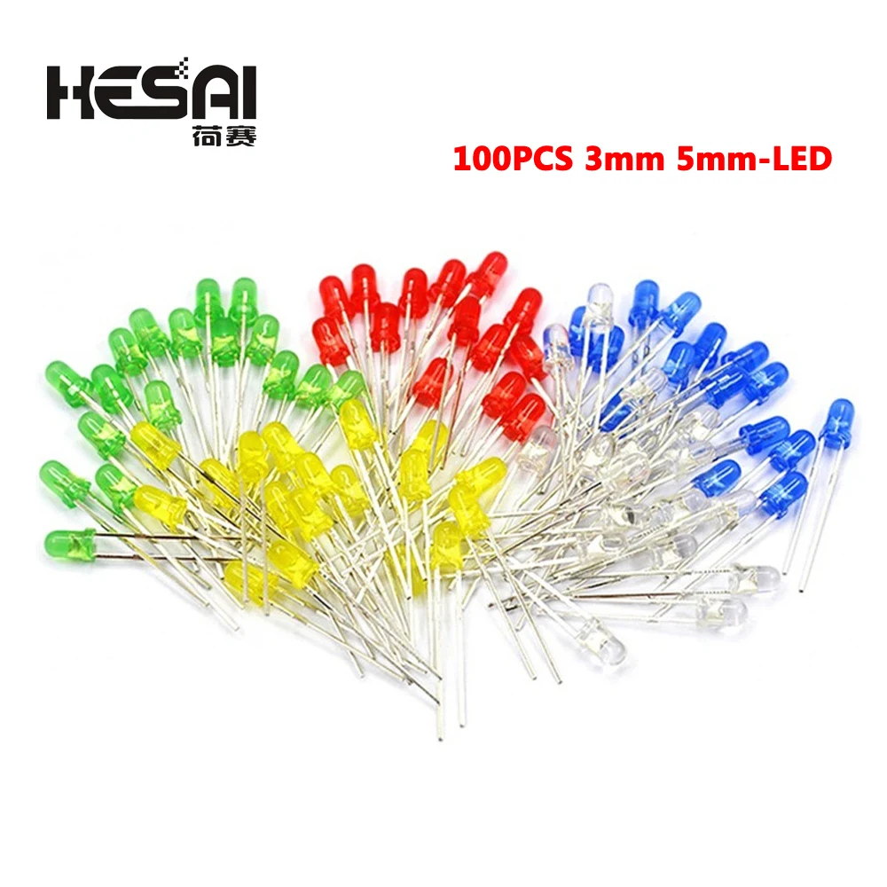 3mm 5mm LED Leuchtdioden 5 Farben Elektronische Komponenten Rot Grün Blau Weiß gelb Farbe DIY Kit (100 Stück)