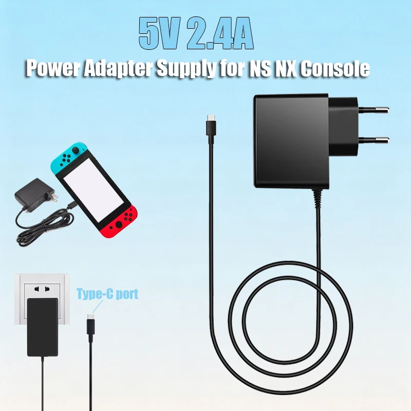 5V 2,4A USB-C Netzteil AC 100-240V EU/US-Stecker Ladegerät für NS Switch 2, Switch OLED, Lite & andere