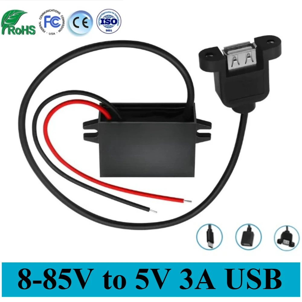 12V 24V 36V 48V 60V 72V 80V zu 5V 3A 8-85V zu 5V DC DC Step Down USB Konverter mit Auto Ladegerät Netzteil