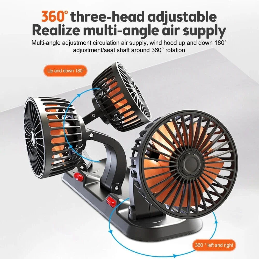 Auto-Lüfter 5V 12V 24V Autokühlventilator 360 ° Einstellbarer Dual-Head-Lüfter mit USB-Anschluss, 2