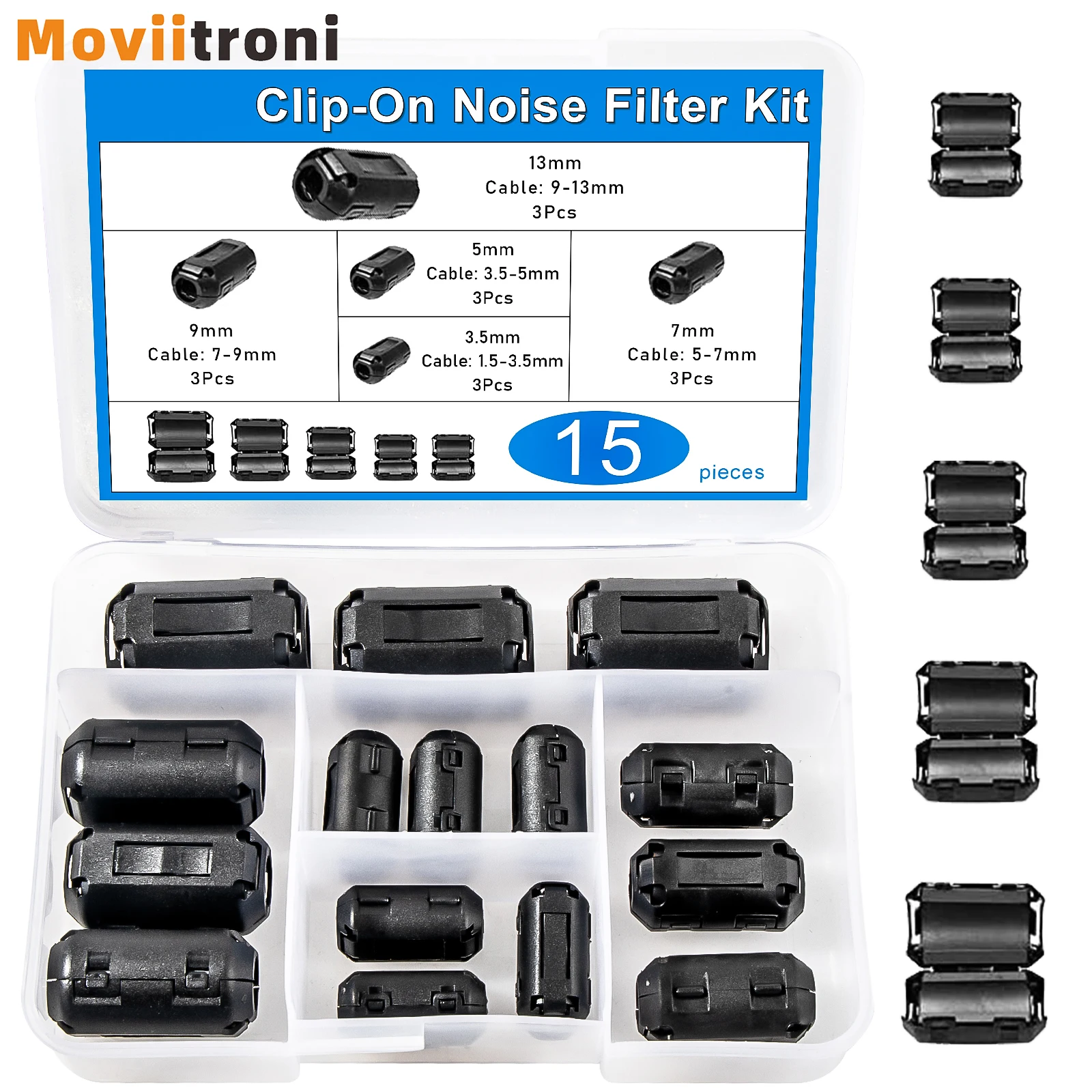 Clip-On-Rauschfilter, Ferritkern-Choke-Ring RFI EMI Geräuschunterdrückung Kabelclip 3,5-13 mm (15 Stück)