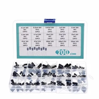 Radialkondensator-Set 15 Werte 10V 16V 25V 50V 0,1uF-220uF Elektrolytkondensator-Sortiment 0,22uF (200 Stück)