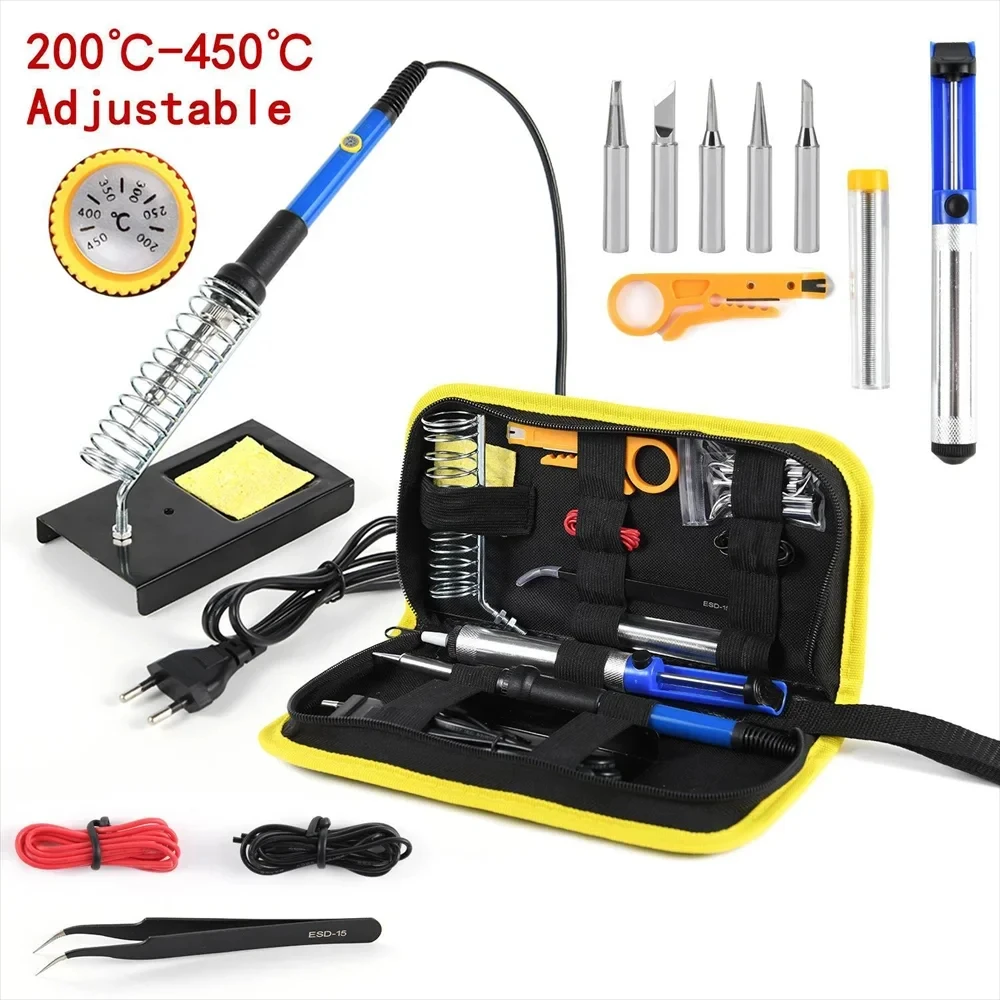 Set 220V 60W Lötkolben-Kit 450 ° C Einstellbares Temperatur-Schweißwerkzeug-Set mit Lötsauger (15 Stück)