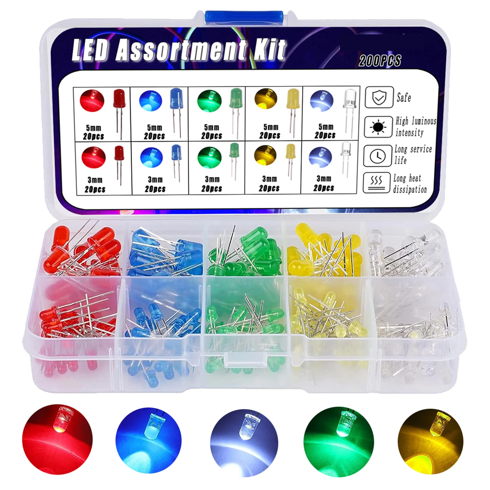 5-mm-LED-Dioden-Sortimentsset, lichtemittierend, F5, Weiß, Grün, Rot, Blau, Gelb, Orange