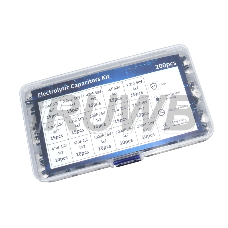 15 Werte Radialkondensatoren Set Elektrolytkondensator-Sortiment-Kit 10 V 16 V 25 V 50 V 0,1 (200 Stück)