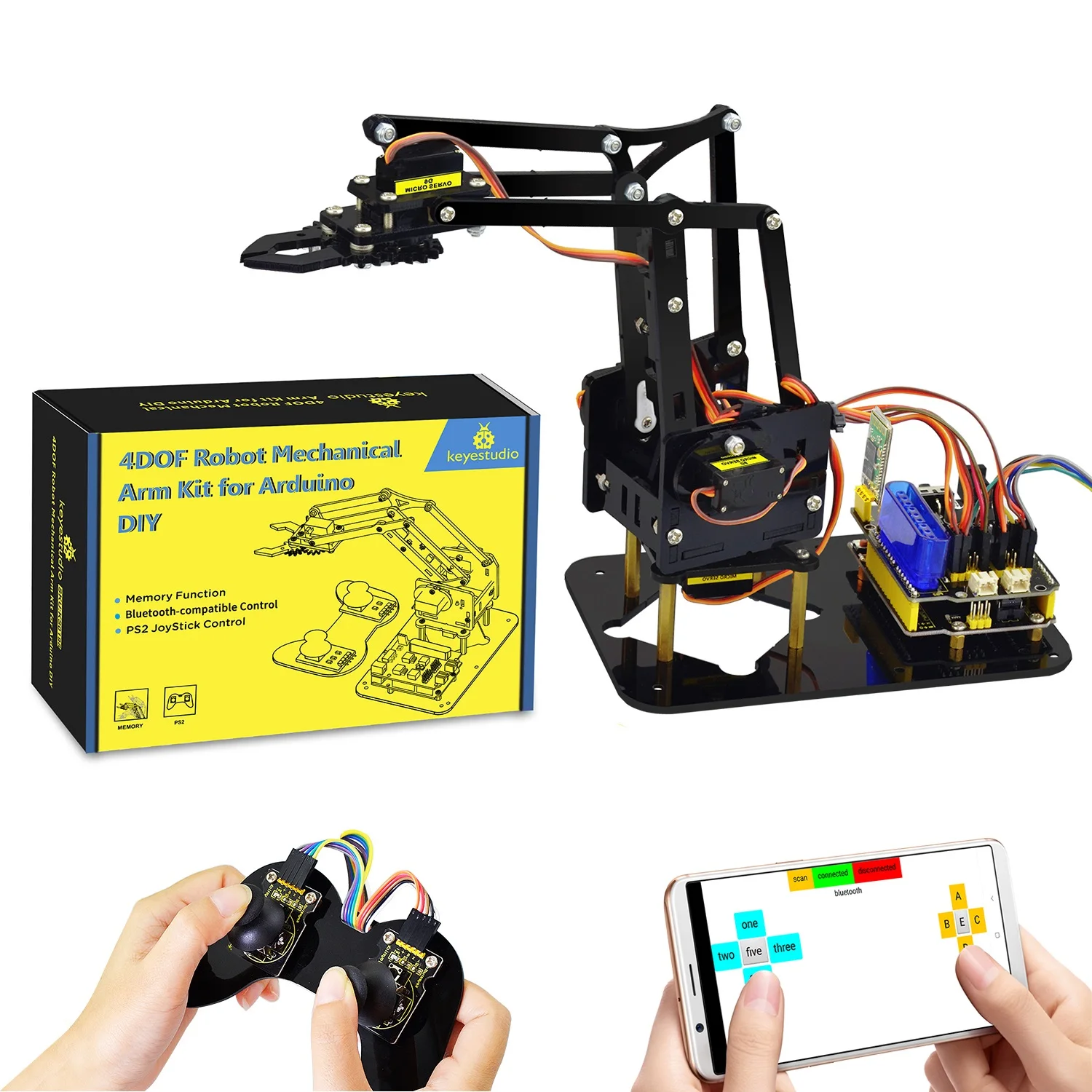 Keyestudio STEM 4DOF Roboterarm-Kit, mechanischer Arm, Klauen-Kit, PS2-Steuerung für Arduino, Roboterarm-Kit
