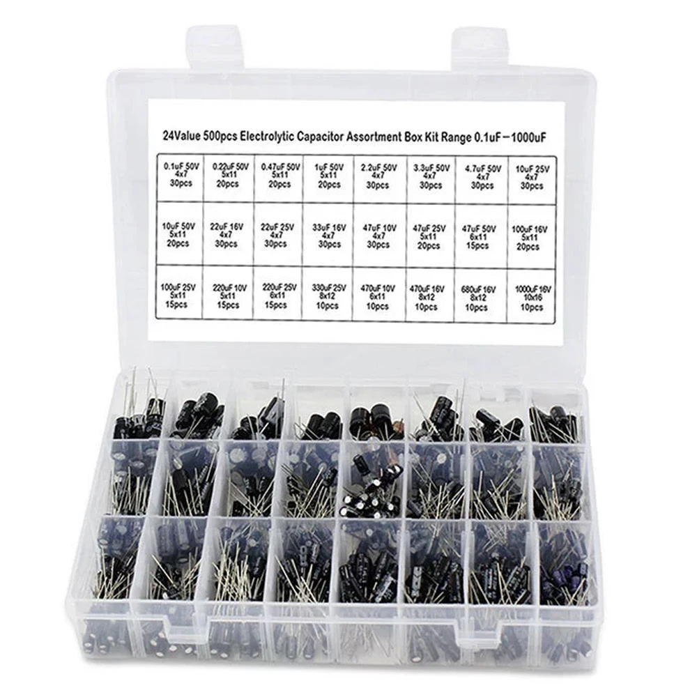 Elektrolytkondensator-Sortiment-Set 0,1uF-1000uF 24 Arten Elektronikkomponenten-Set (500 Stück)