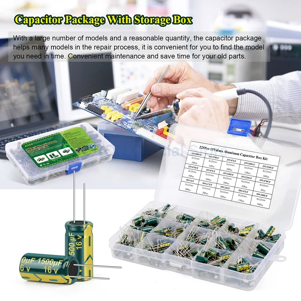 15 Werte, 225-teiliges Elektrolytkondensator-Sortiment-Set – Bild 5