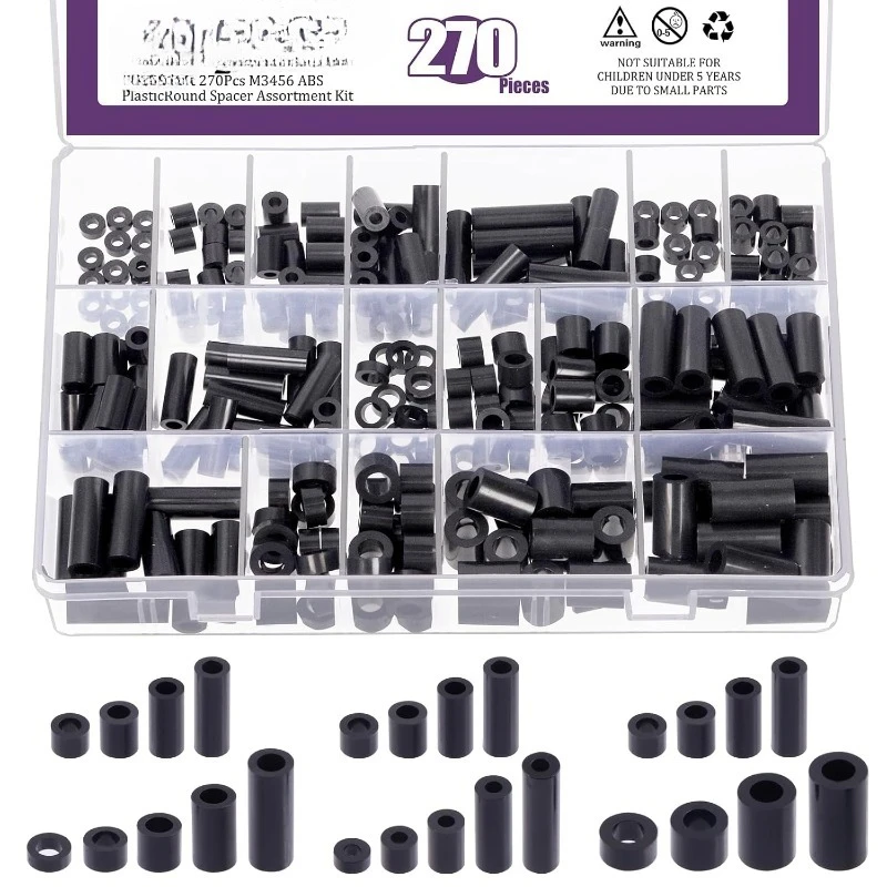 18 Größen Schwarz/Weiß Nylon Runde Abstandshalter Abstandsschraube Mutter Sortiment Kit für M3 M4 (270 Stück)