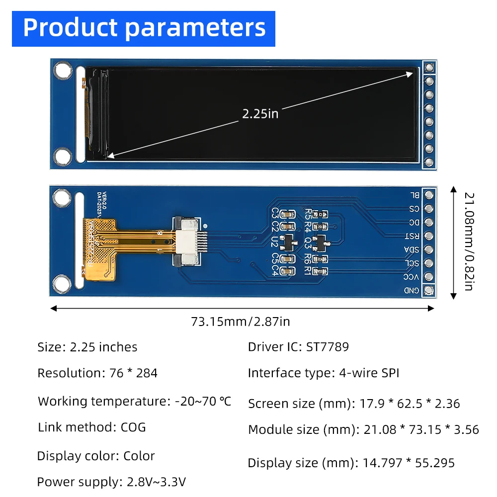 2,25 Zoll TFT LCD ST7789 Display Modul 76*284 volle ansicht SPI Serial – Bild 3