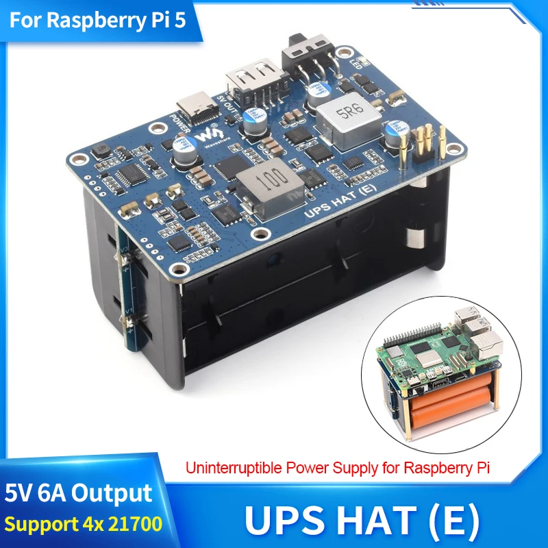 Raspberry Pi 5 UPS HAT (E) 5V 6A Ausgang Typ-C Bidirektionales Schnellladegerät Unterbrechungsfreie